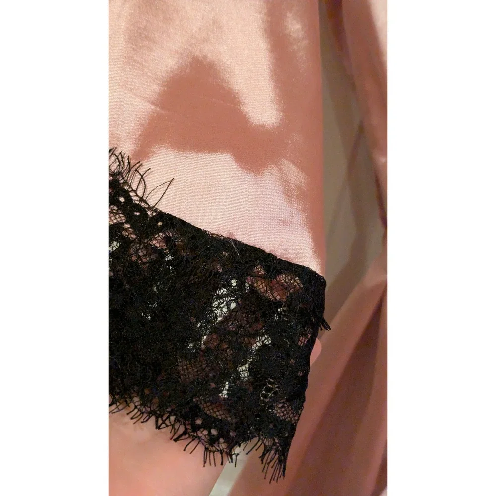 LYANER Pink Satin Lace Trim Robe Kimono Duster Wrap‎ Tie M